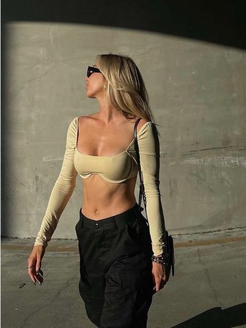Long Sleeve Scoop Crop Top in Beige/Butter Yellow